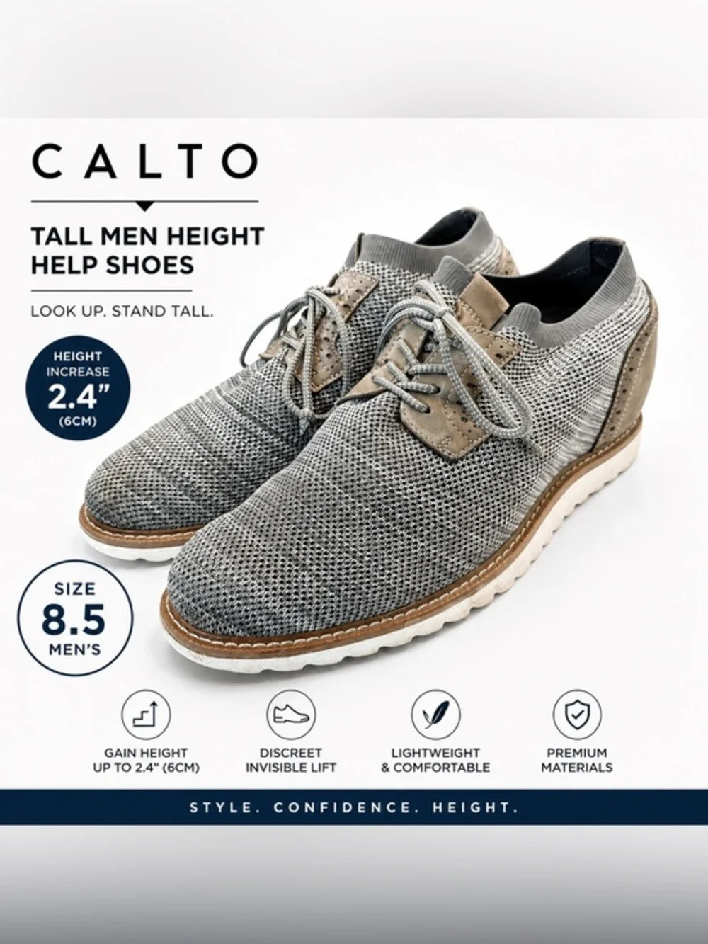 CALTO Gray Knit Elevator Shoes | Men’s Size 8.5 | Height Increase Sneakers